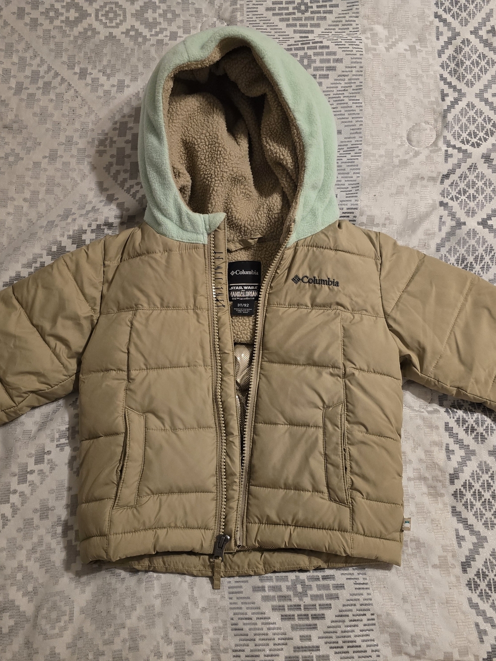 Columbia Kids Tan Puffer Jacket with Light Mint Hood